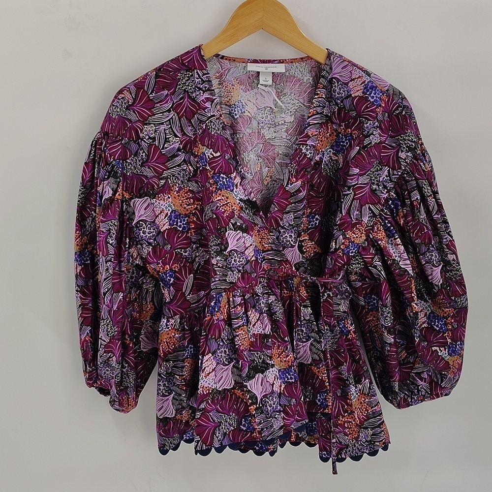 Kika Vargas Target purple floral wrap top puff sleeve rick rack trim size small
